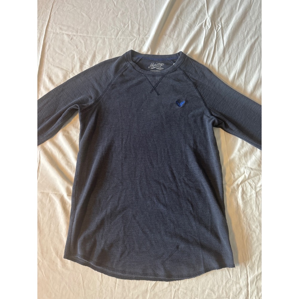 American Eagle Thermal Shirt Mens Medium Navy Blue Excellent Waffle Knit Raglan‎